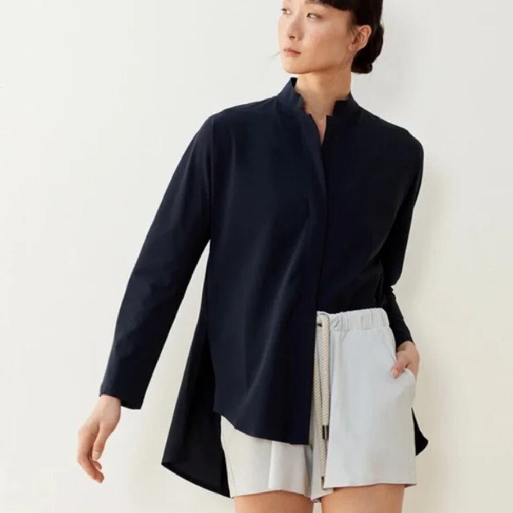 Aday Something Borrowed Tunic Shirt Black Mandarin Collar Snap Top SMALL